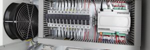 Electrical background,voltage switchboard with circuit breakers.