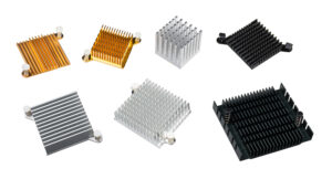 Alu heat sinks for cooling of electronic components as chipsets on computer motherboard or video cards. Overheating protection