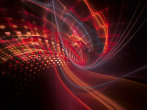 Abstract background element. Three-dimensional composition of wave shapes, grids and particles. Science and technology concept. Red and black colors.
