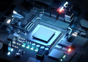 A silicon CPU and microprocessor technology for modern day applications. 3D render illustration.