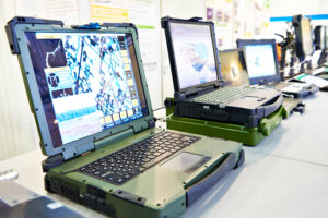 Protected military industrial computers and laptops on exhibition