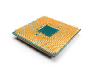 CPU close up with selective focus. On white background